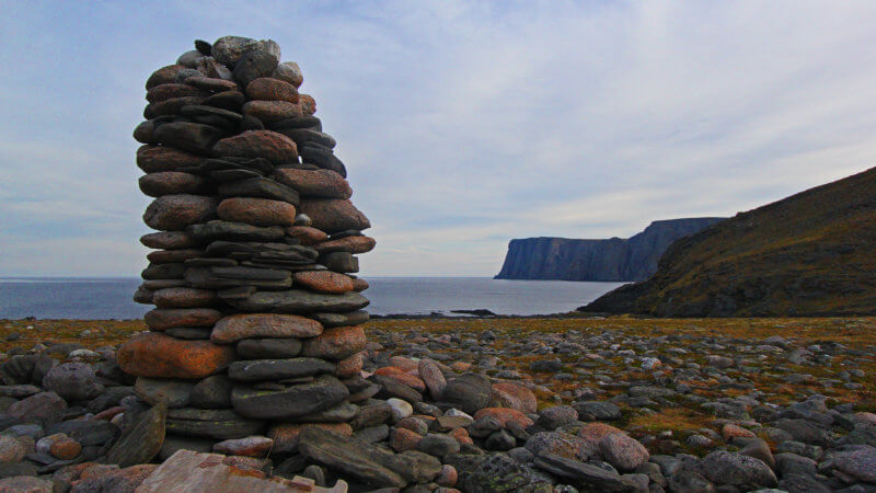 A stone cairn on a beach, near Nordkapp, the most northerly point in mainland Europe.