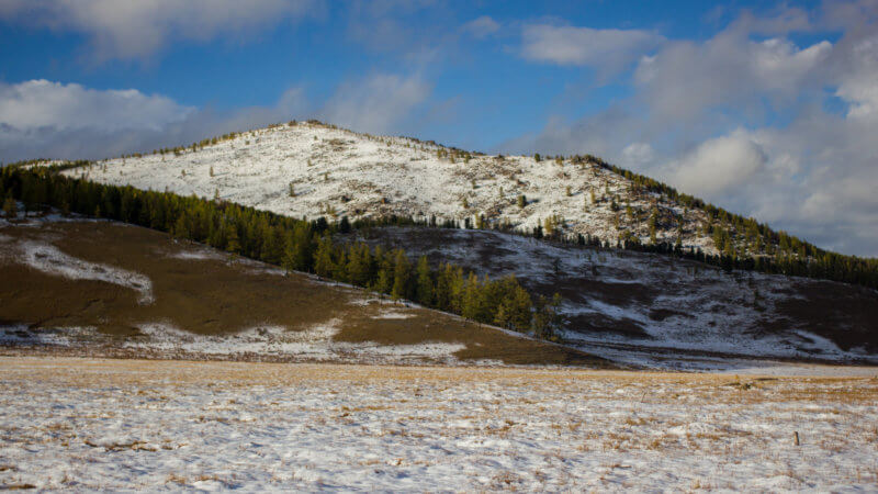 Landscape photo of lightly snow-covered mountains with forests on the slopes.