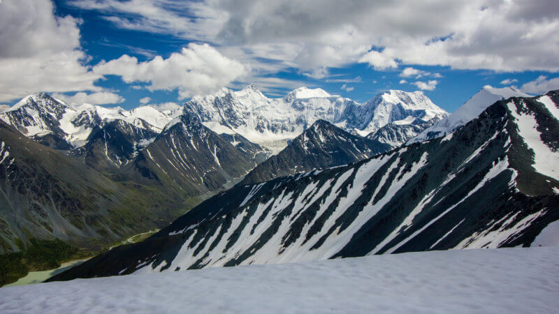 Wide view of Mount Belukha and its surrounding peaks.