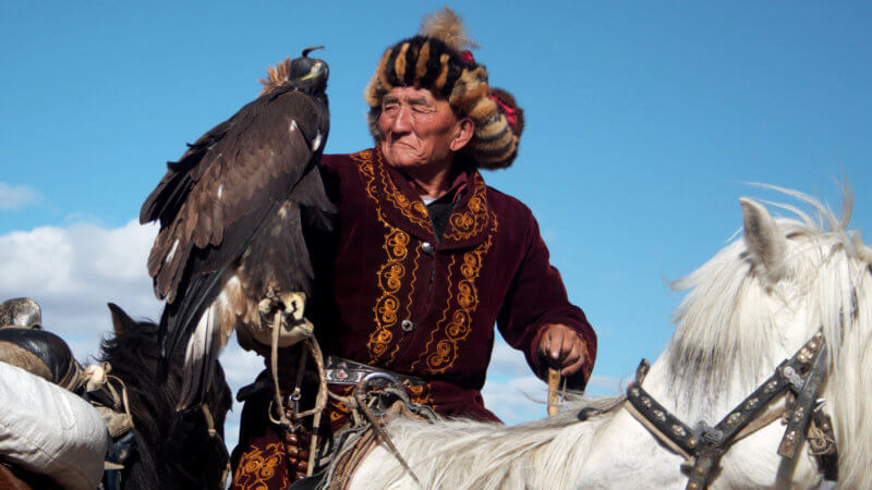 Old Mongolian-Kazakh eagle hunting man sat on top of his beautiful white horse.